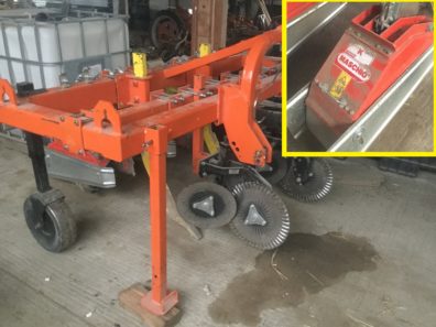 Photo of custom strip tiller unit. Front discs cut cover crop, back unit (see insert photo) is a one blade wide Maschio rototiller that cuts a narrow path for planting crops in while leaving the rest of the soil undisturbed.