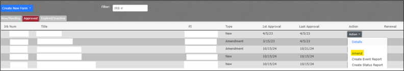 Amend from the Action dropdown: highlight added for emphasis. Some information has been redacted from this image. 