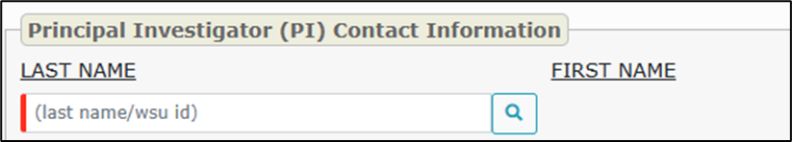  Principal Investigator (PI) Contact Information subfield with the PI last name search field.