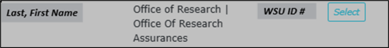 Example pop-up box for selecting the PI. The table will show the Name, Department, WSU ID, and the Select button.