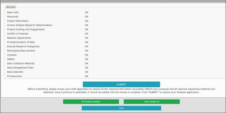Submit screen for a completed application.