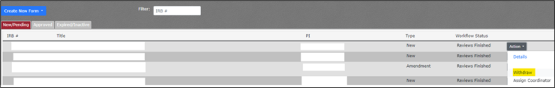 Withdraw option in the Action dropdown: highlight added for emphasis. Some information has been redacted from this image. 