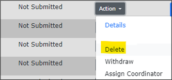 Delete option in the Action dropdown: highlight added for emphasis.