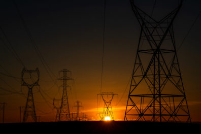 Picture of power transmission lines at sunset