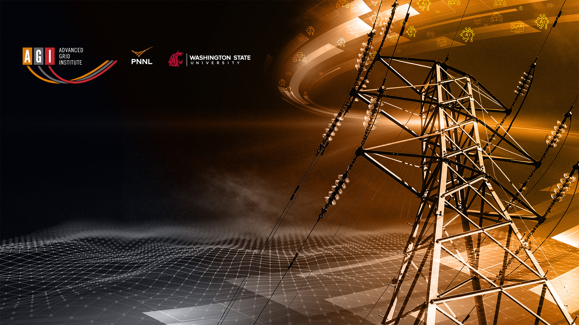 Decorative graphic of power transmission lines with the Advanced Grid Institute, Pacific Northwest National Laboratory, and Washington State University logos