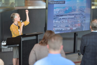 A photo of a faculty member giving a presentation and the audience watching