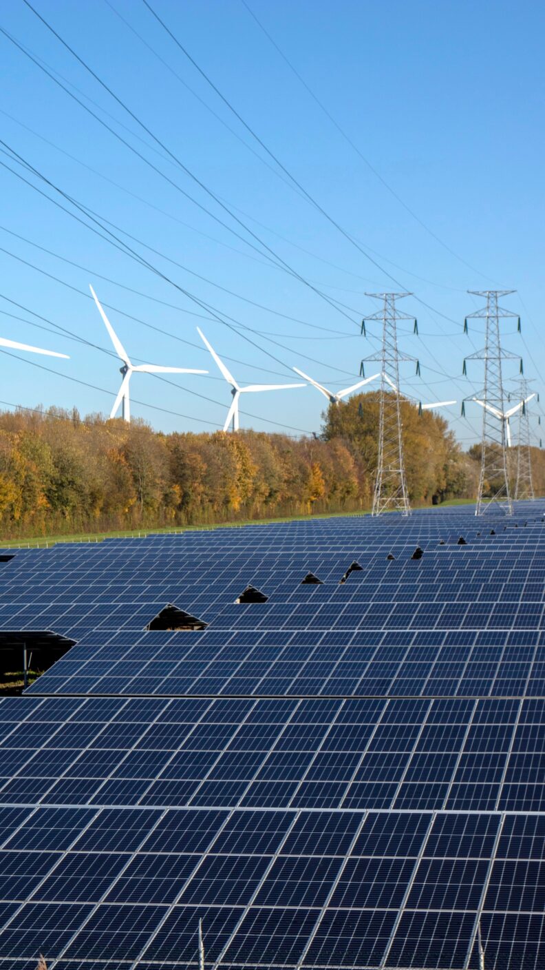 Wind mills, solar panels and power lines captured in one image.