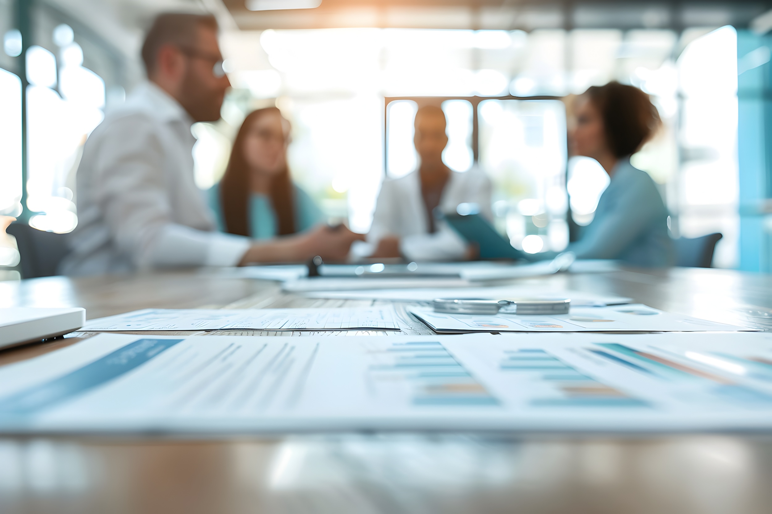 People meeting at a conference table with a range of papers and equipment.