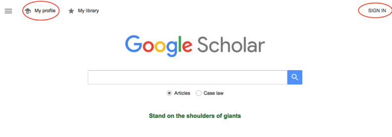 Google Scholar homepage with the My Profile and Sign In buttons circled.