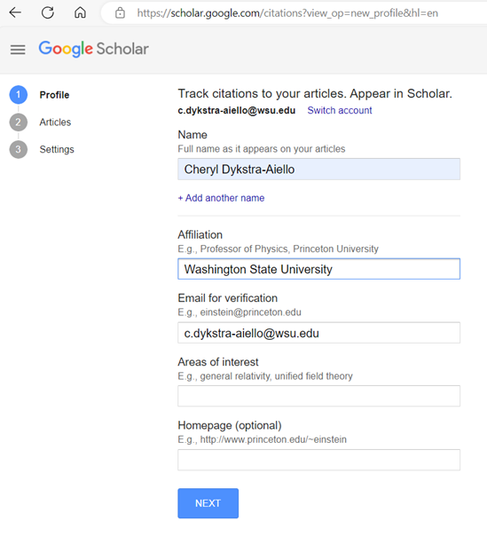 Google Scholar profile creation form Step 1.