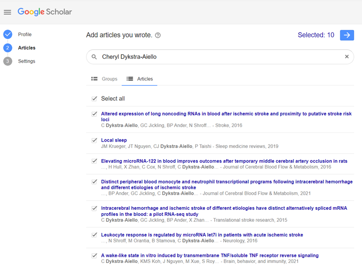 Google Scholar profile creation form Step 2: associating articles with your profile.