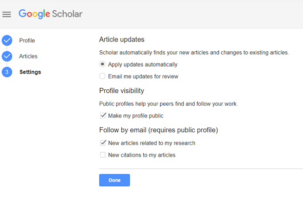 Google Scholar profile creation form Step 3: settings.