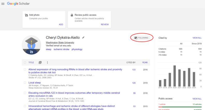 Google Scholar profile page with "Follow" button circled.