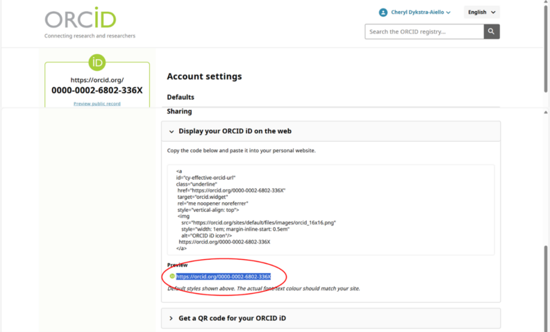 ORCiD account settings page with Display your ORCID iD on the web expanded under the Sharing section.