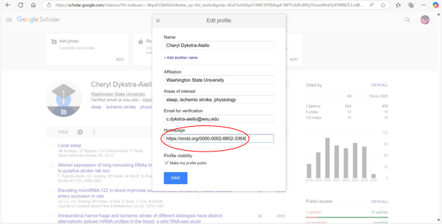Google Scholar Edit Profile modal window with homepage field circled.