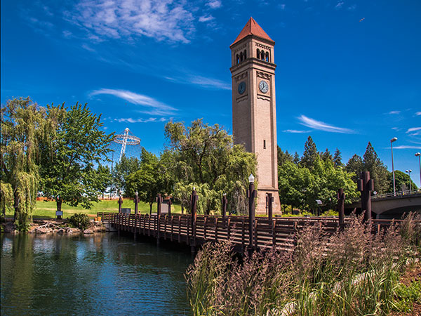 Park with bridge and clock tower. 