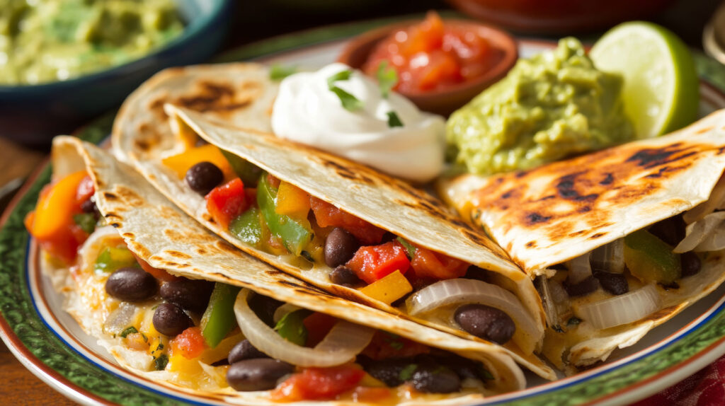 Cheese and Veggie Quesadillas on a plate with sour cream, salsa and guacamole.