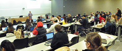 Lisa Chamberlain speaking to students