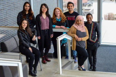 The Association of International and Intercultural Students of Health Sciences board are: Keti Bardhi; Farheen Shaikh; Yuening Liu; Ruby Siegel; Mahamadul (Maha) Haque; Shamema Nasrin; and Peter Obi.