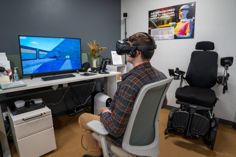 Student using virtual reality assistive gaming tool