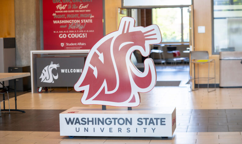WSU logo installation in SAC Lobby