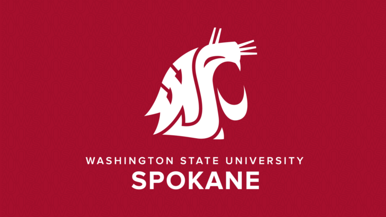 White WSU Spokane logo on a crimson background