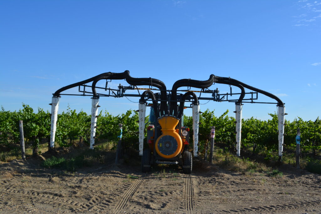 A pneumatic, air-shear nozzle sprayer in a vineyard.
