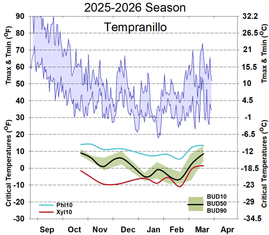 Graph showing winter daytime high and low temperatures, followed by how bud cold hardiness for Tempranillo grapevines is responding to that temperature for September 2025-April 2026. See description below for details.