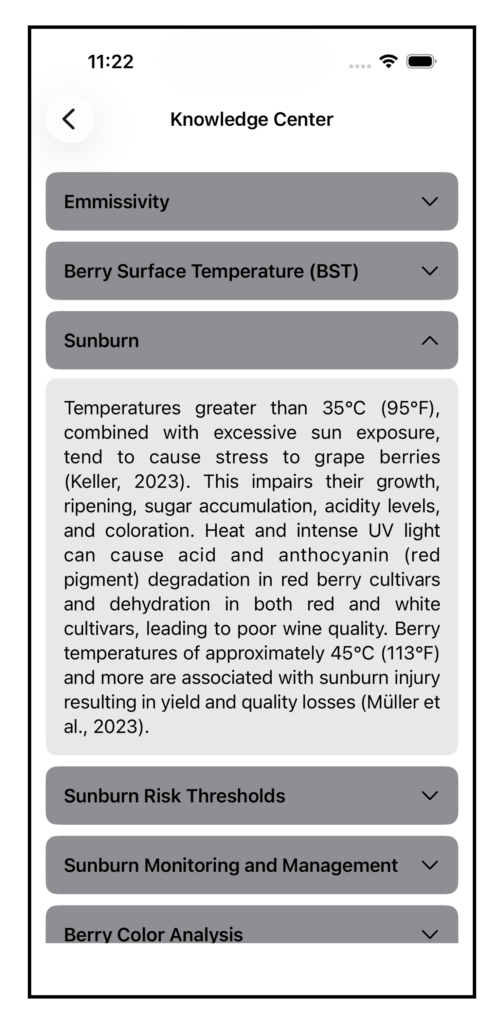 Screenshot of the AWN CropAI Knowledge Center showing an expanded section for Berry Surface Temperature (BST). The text explains how BST is used to assess sunburn risk and outlines the thermal imagery and model-based methods used to determine it.