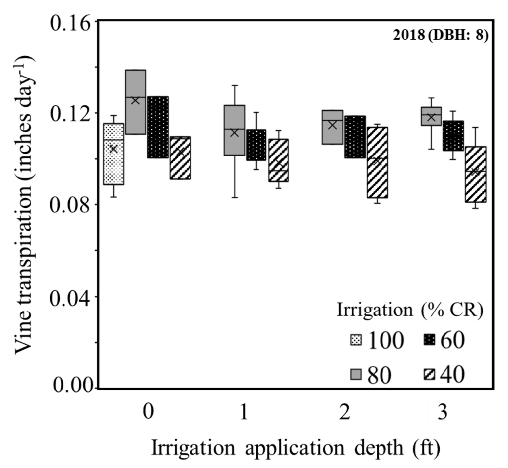 A data graphi that shows how vine transpiration changes with reduced irrigation, and how deep that irrigation is applied. Vines that are over watered (100% control), and under watered (40% control), have reduced transpiration. 