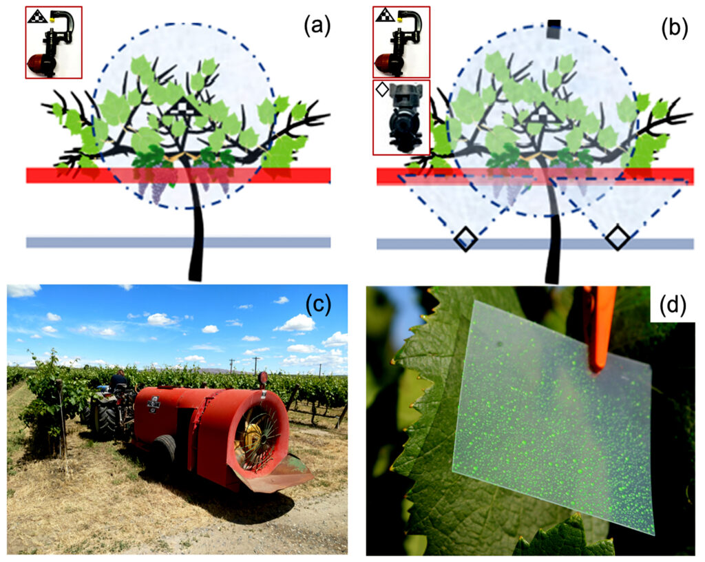 A multi-panel image showing the spray zone of a SSCDS emitter, an airblast sprayer, and green spray droplets on a mylar card inside the grapevine canopy.