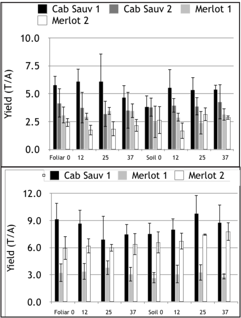 A bar graph showing yield response differences between Cab and Merlot in response to different soil or foliar fertilizers -- there were very little yield differences.