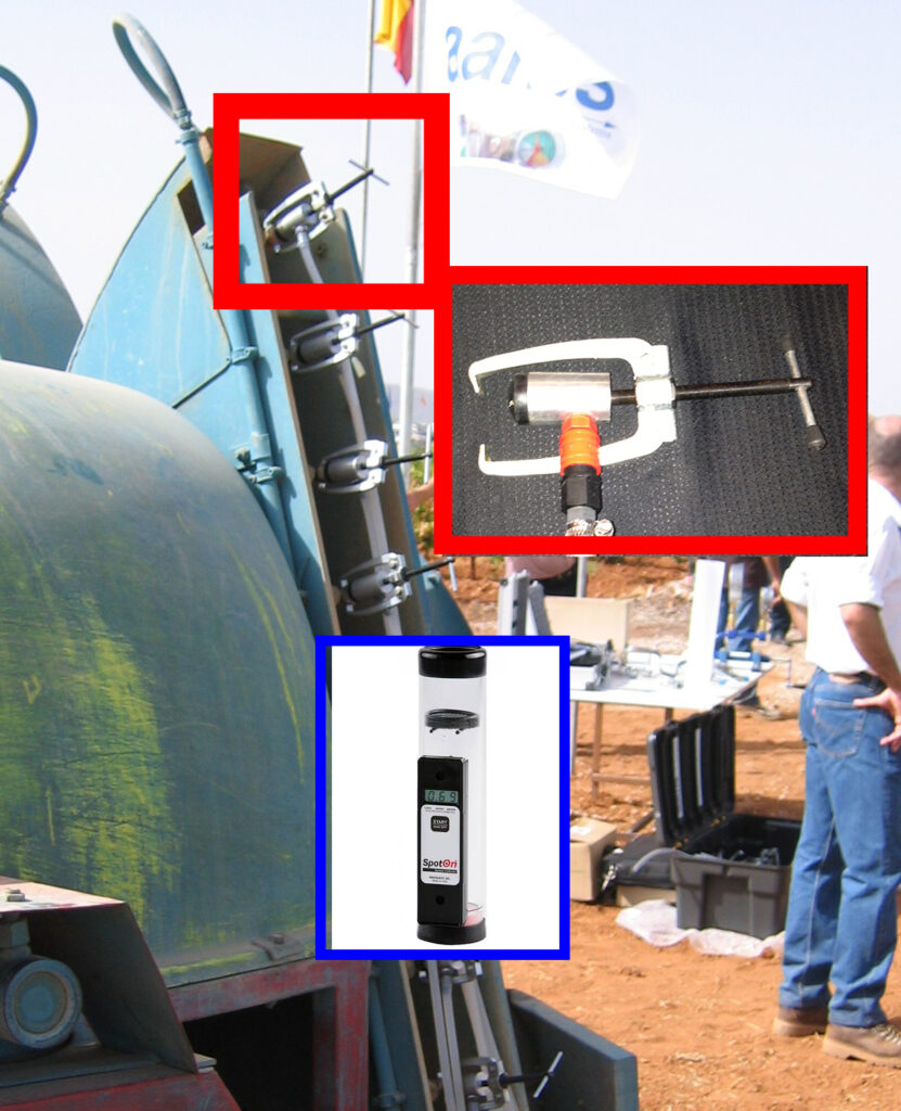 An image of an airblast sprayer with over layed images of a nozzle hose clamp and a flowmeter.