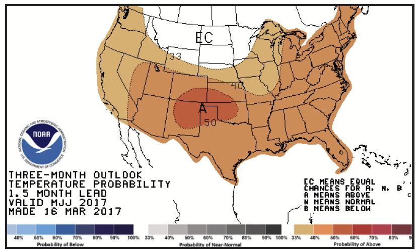 NOAA temperature forecast for 2017 for the USA, showing that the PNW is predicted to have warmer conditions from May-July.