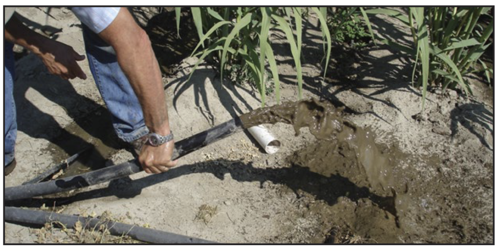 A corn irrigation line open and spilling water that is brown and dirty
