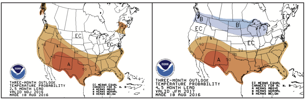 NOAA 2.5 month (left) and 4.5 month (right) temperature forecast for the USA. Shades of red indicate above normal, shades of blue indicate below normal. the PNW will be above normal temperature for November-January 2016-2017, and below normal temps for January-March 2017.