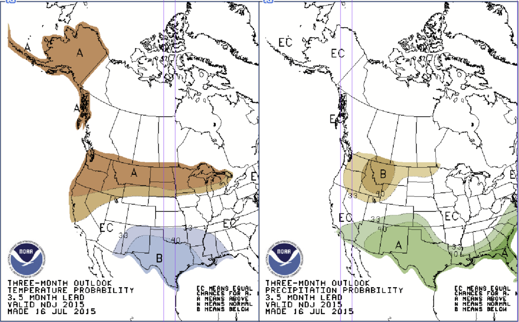 A NOAA graphic predicting above-average temperatures and below average precipitation from November 2015 to January 2016 in the Pacific Northwest.