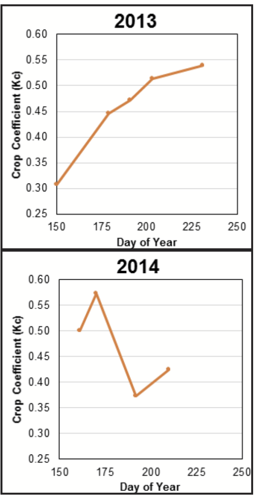 Crop coefficient in 2013 steadily increased over time, where it both initially increased, then decreased, in 2014.
