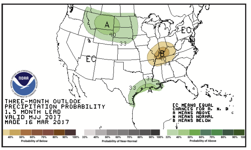NOAA precipitation forecast for 2017 for the USA, showing that the PNW is predicted to have average precipitation between May and July