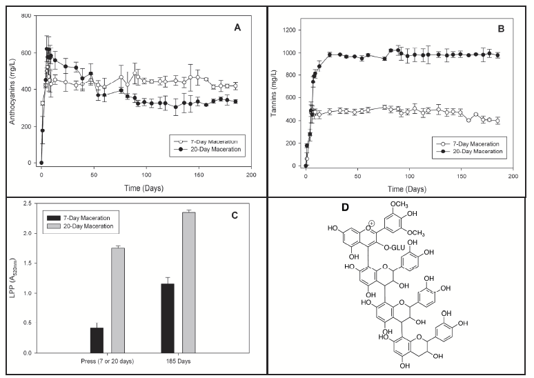 A 4-figure panel showing anthocyanin and tannin content over time, and that extended maceration has higher color. The final figure panel is the molecular structure of a polymeric pigment.
