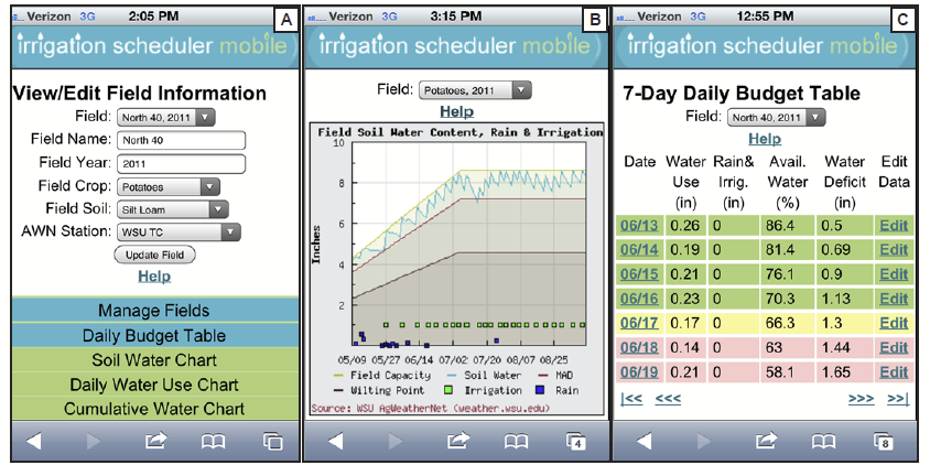 screenshot of a mobile app related to irrigation tracking and scheduling