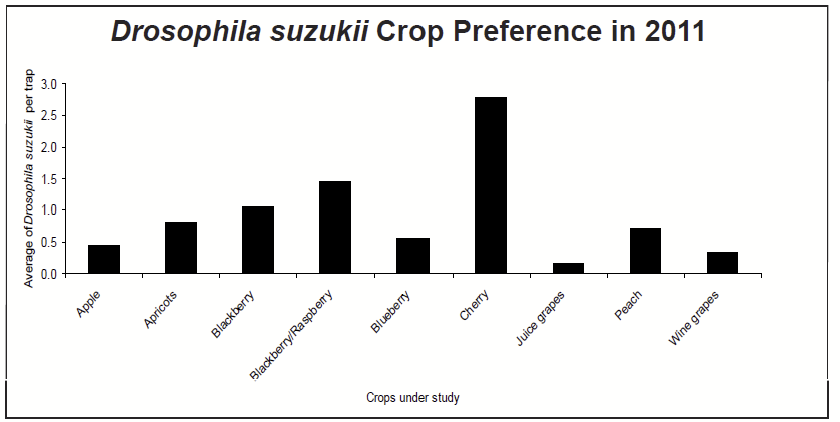 a bar graph showing that cherries and blackberries had the most fruit flies; juice grapes, winegrapes and apples had the least.