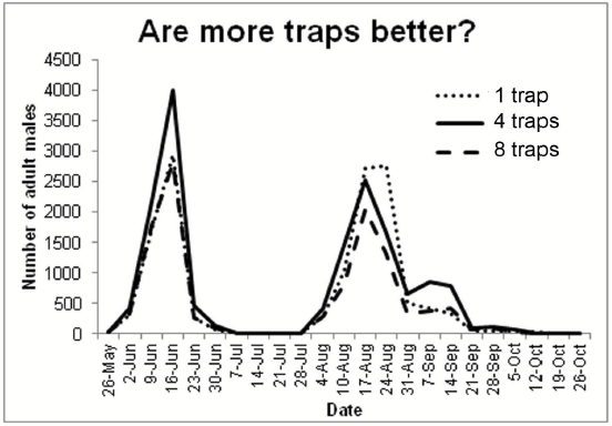 The flight captures for 3 different trap densities - 1, 4, and 8 per 30 acre vineyard. There was no major difference in counts between the different densities.