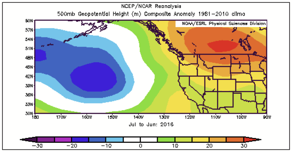 A map of the Pacific northwest showing another weather anomaly risk assessment.