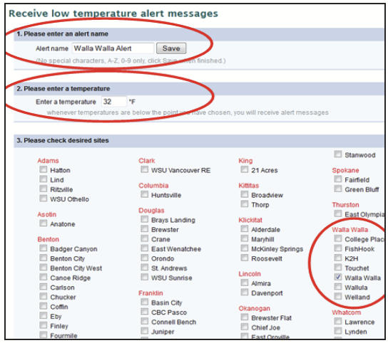 A screenshot of the agweathernet alert sign-up page