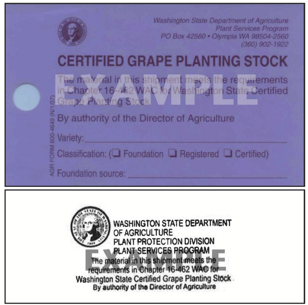 example tags from the WSDA that indicate if plant material is certified