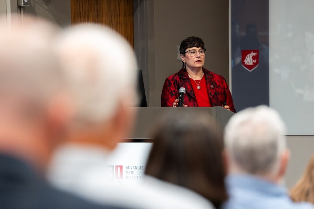 INEF Director Noel Schulz presenting at Advanced Grid Institute Day on the WSU Tri-Cities campus.