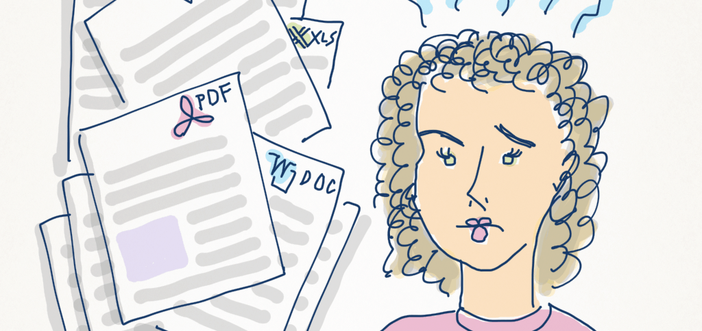 A sketch of a various electronic document types and curly haired woman. 