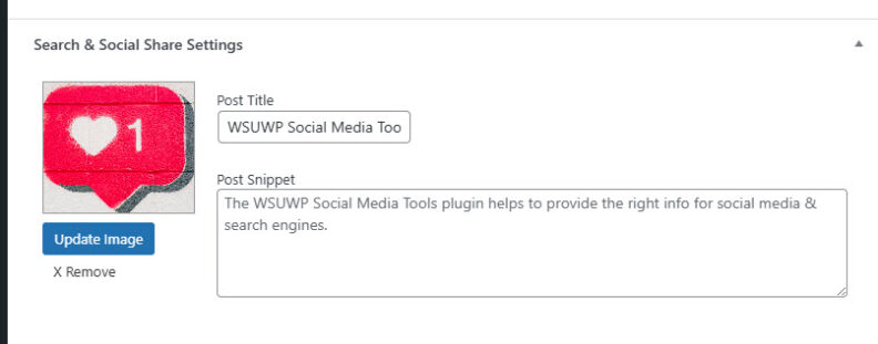 A screen capture of the Search & Social Sharing settings panel on WordPress with the feature image thumbnail, post title field, and Post snippet field. 