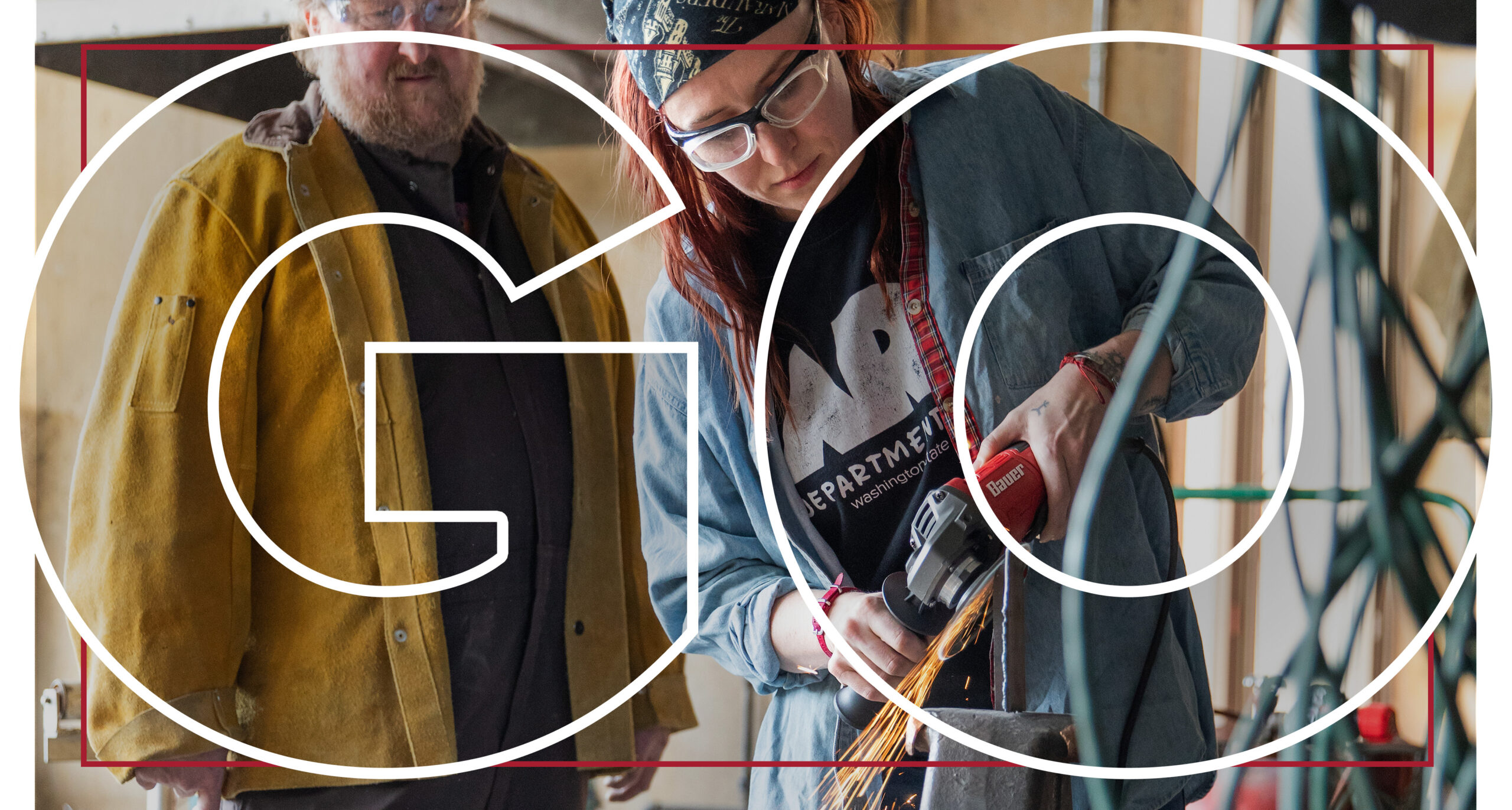 Large text reading Go overlaying a person in a blue work shirt and bandana grinding metal with a spray of sparks and another person looking on.